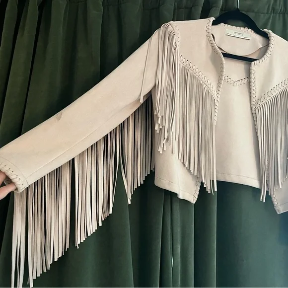 Zara Cream Faux Suede Jacket with Fringe Details - Picture 2 of 4